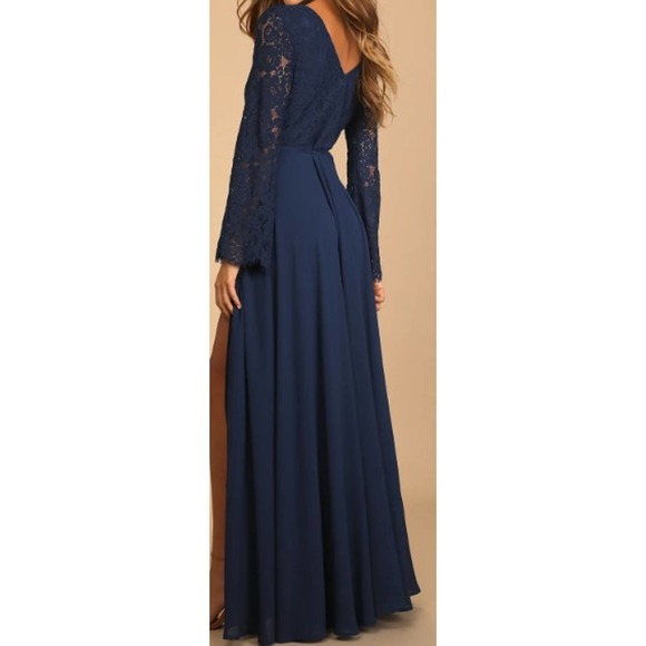 LULU'S SZ L Utterly In Love Navy Blue Long Sleeve Maxi Wrap Dress NEW w/o tags - Picture 2 of 10